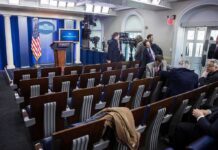 White House press briefing room with empty seats and cameras
