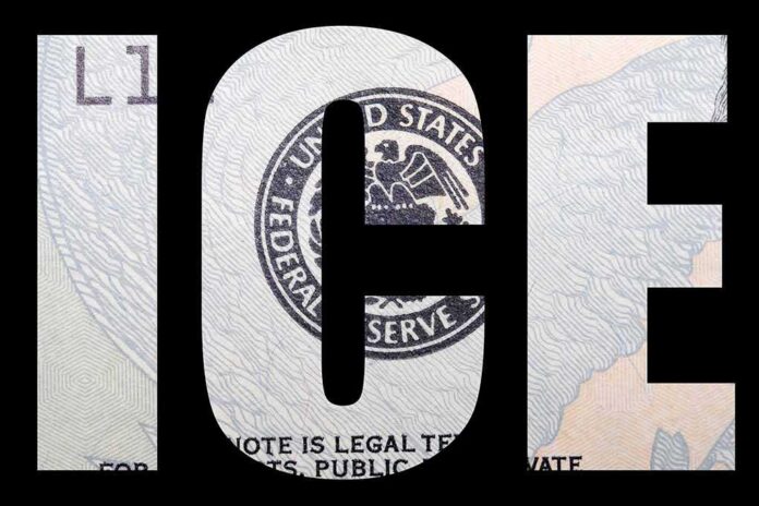 Bold ICE text overlaid on U.S. Federal Reserve seal