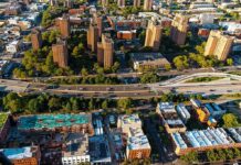 Bronx Soccer Game Ends With Attack Aerial view of city high-rise apartments and highway