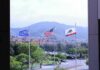 Four Assault Reports, Three Weeks three flags waving in front of suburban neighborhood and mountains