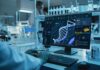 Scientist analyzing DNA model on computer in laboratory