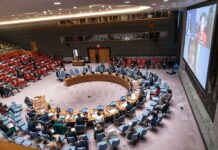 Germany Expands Deportations With Taliban Help Delegates seated around a circular conference table in a large chamber