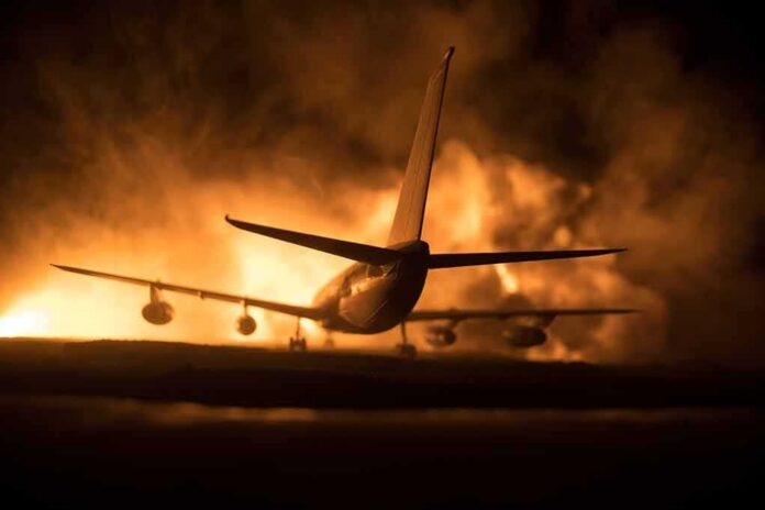 Airplane on runway with large fire and smoke at night