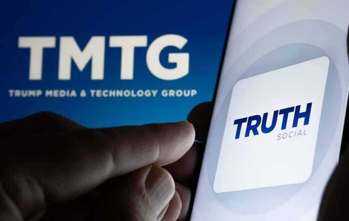 shutterstock_2067947846 Smartphone showing Truth Social app icon beside TMTG logo on screen