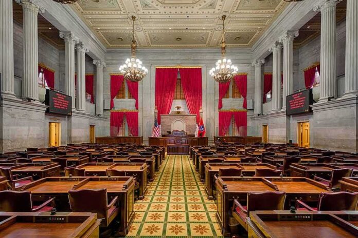 Legislative chamber with desks, chandeliers, and red curtains