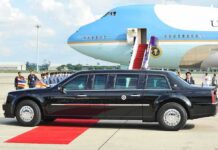 Trump-Xi Welcome Gets a Military Flyover Presidential limousine beside a large blue-and-white jet on a runway