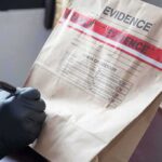 Gloved hands labeling a sealed evidence bag