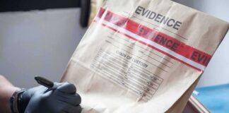 Gloved hands labeling a sealed evidence bag