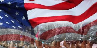 American flag overlay on marching soldiers' boots in formation
