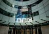 BBC headquarters entrance with curved glass facade