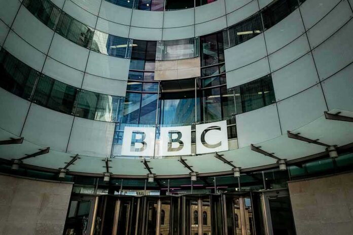 BBC headquarters entrance with curved glass facade