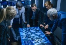 Group of professionals analyzing a digital map on a touch table
