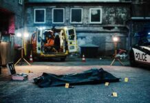 Texas Mother Charged After Two Sons Are Shot crime scene with body bag in alley