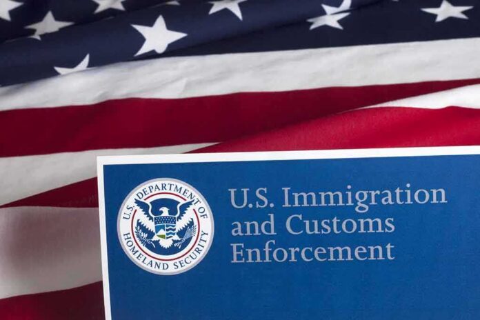 U.S. ICE document against American flag