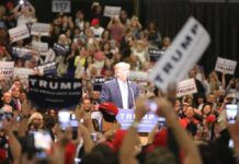 Stock Gains, Happier Marriages? Donald Trump speaks at a rally podium as a large crowd cheers; Orel Hershiser, Ion Marin, and Billy Joe DuPree present